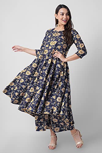 Image of Arayna Women's Cotton Printed Anarkali Kurti with Palazzo Pants Set