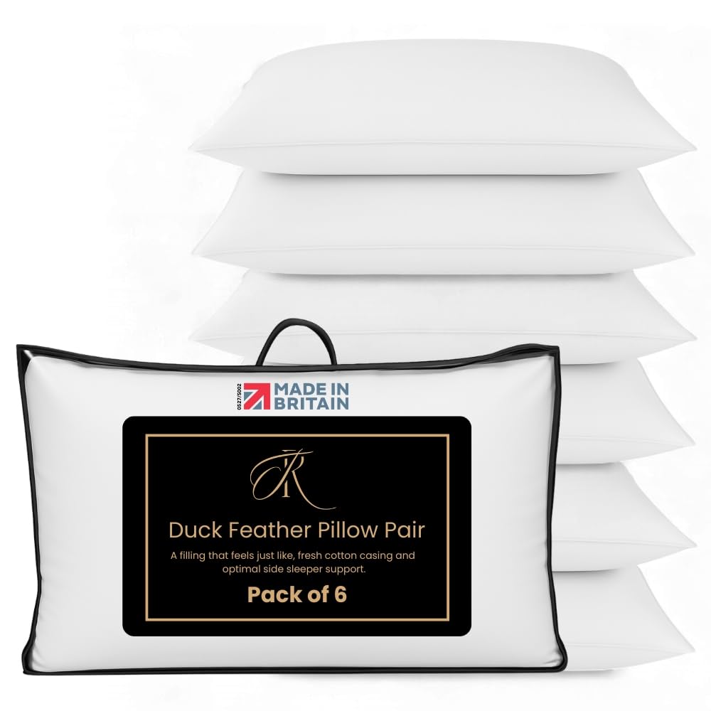 The Royce Duck Feather Pillows 6 Pack - 100% Cotton Cover Hotel Quality Luxury Bed Pillows - Medium Soft Supportive Pillows for Side & Back Sleepers - Hypoallergenic Pillows Made in Britain - 48x74cm