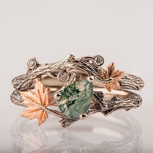 Natural Moss Agate Ring for Women 925 Sterling Silver Green Agate Ring Promise Ring with Vine Leaf Ring Engagement Wedding Jewelry Gift for Women4