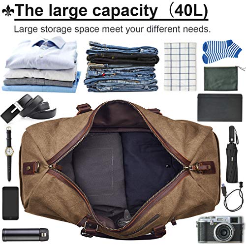 Travel Duffel Bag Large Canvas Duffle Bag for Men Women Leather Weekender Overnight Bag Carryon Weekend Bag Brown
