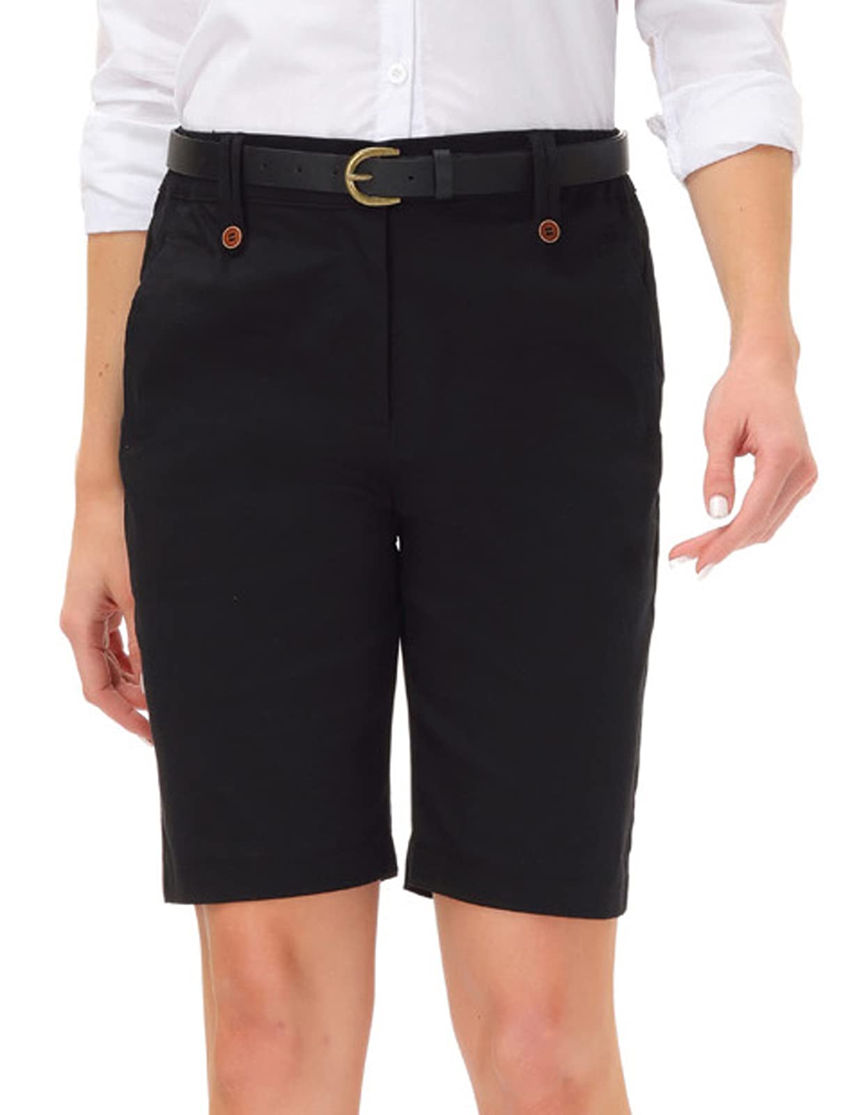 KANCY KOLE Women Shorts Bermuda with Belt Casual Summer Relaxed-Fit Short Pants Golf Shorts Black M