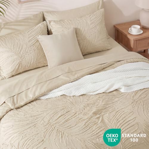 Image of Full Size Comforter Sets-7 Pieces Soft Tufted Bed in a Bag Full Bedding Set | All Season Beige Botanical Comforter with Sheets, Pillowcases & Shams