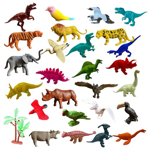 Image of ZESTHOME Animal Dinosaur & Bird Toys Combo for Kids | 27 PCS Figure Set with 12 Dinosaurs 6 Wild Animals 8 Birds & 1 Tree | Educational Pretend Play Toy | Ages 3-8 Years