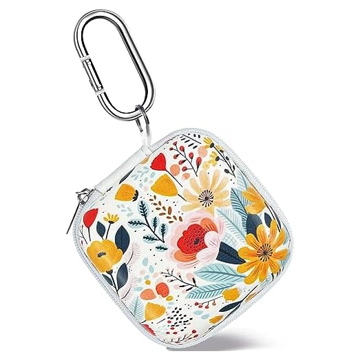 Square Earbud Case Headphone Organizer Ear Bud Case Portable EVA Carrying Box Storage Bag with Carabiner for AirPods Beats Bose Galaxy Buds 3 Data Cable Storage (Blooming Floral)