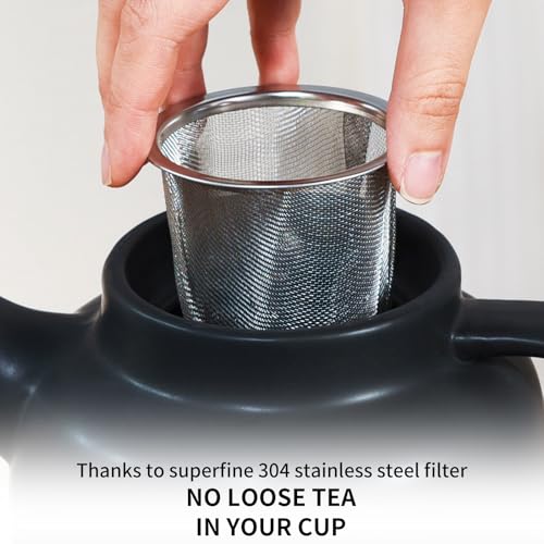 Image of Yundu 1500ml / 50 oz Ceramic Teapot with Infuser & Wood Lid - Matte Black, Loose Leaf Tea Pot with Removable Strainer, Large Capacity