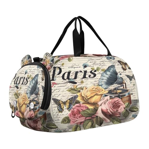 YETTASBIN Sport Travel Duffel Bag for Girls Boys, Vintage Paris Poster Large Waterproof Weekender Overnight Bag, Detachable Shoulder Strap Gym Bag with Shoe Compartment & Wet Pocket