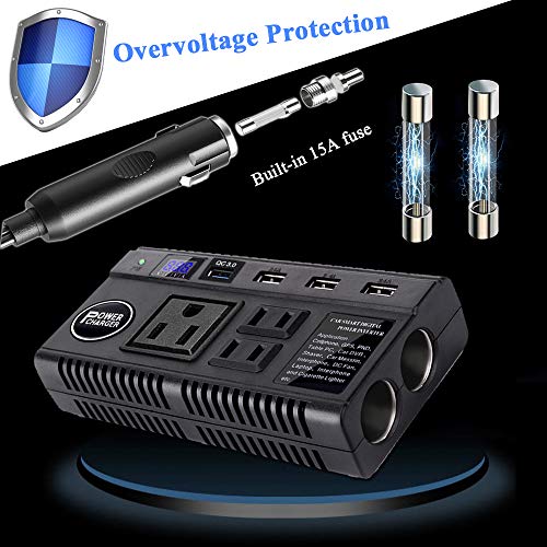 Car Power Inverter 120W DC 12V 24V to AC 110V Car Charger Adapter with 3 AC Outlets Dual Cigarette Lighter 4 USB Ports Charger Quick Charging 3.0 for Phones Tablets Laptops Kindle (Black)