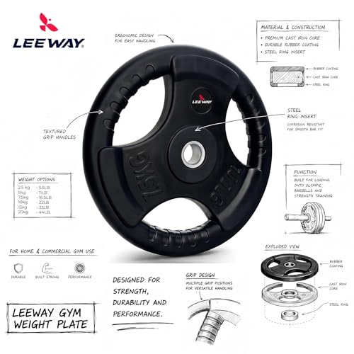 Image of LEEWAY Rubber Weight Plates (7.5kg x 2) | 31mm Dia | Rubber Coated Metal Integrated Weights for Barbell Rod | Standard Rod Compatible Dumbbell Spare Gym Weight Plates for Home Gym Equipment Workout (7.5kg Pair)