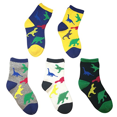 UMEABTCO Little Kids Dinosaur Socks for Toddler Boys Girls Multicolered Knitting Stretchable Child Cotton Sock 5-Pack,3-4-5 Years Old