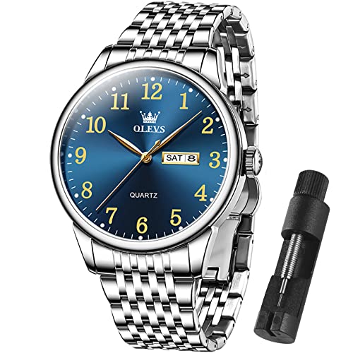 OLEVS Mens Watch Arabic Numerals Easy Read Elderly Watch Silver Tone Stainless Steel Adjustable Waterproof Luxury Dress Watches Watch for Men Classic Quartz Men's Watch Auto Date and Day Blue Dial