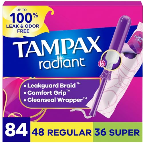 Tampax Radiant Tampons for Women Multipack with LeakGuard Braid Regular/Super Absorbency Unscented 84 Count (3 Packs of 28) Packaging May Vary