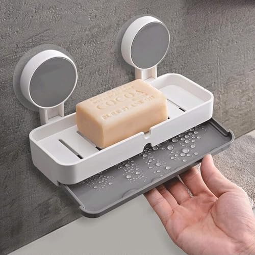 Image of SHALVI Plastic Soap Dish & Wall Mount Self Adhesive Toothbrush Holder with Drain Tray for Bathroom |Soap Box for Bathroom | Toothbrush Holder, White