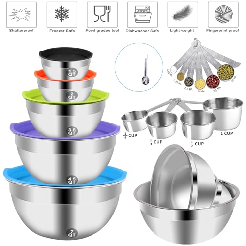 Image of WEPSEN Mixing Bowls with Lid Set, 25PCS Kitchen Utensils Metal Bowl Stainless Steel Nesting Bowls, Measuring Cups and Spoons, Egg Whisk for Baking Prepping Cooking Serving Supplies