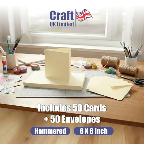 Image of Craft UK W102 6 x 6 Inch Ivory Hammered Card and Envelope Pack of 50