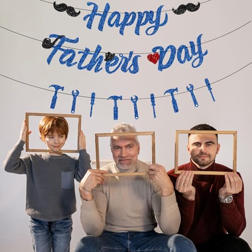 Image of Pre-Strung Happy Fathers Day Banner Party Decorations, NO DIY Glitter Fathers Day Banner with Household Tools Garland for Step Dad Grandpa Papa Home Indoor Mantel Wall Room Photo Props Backdrop Decor