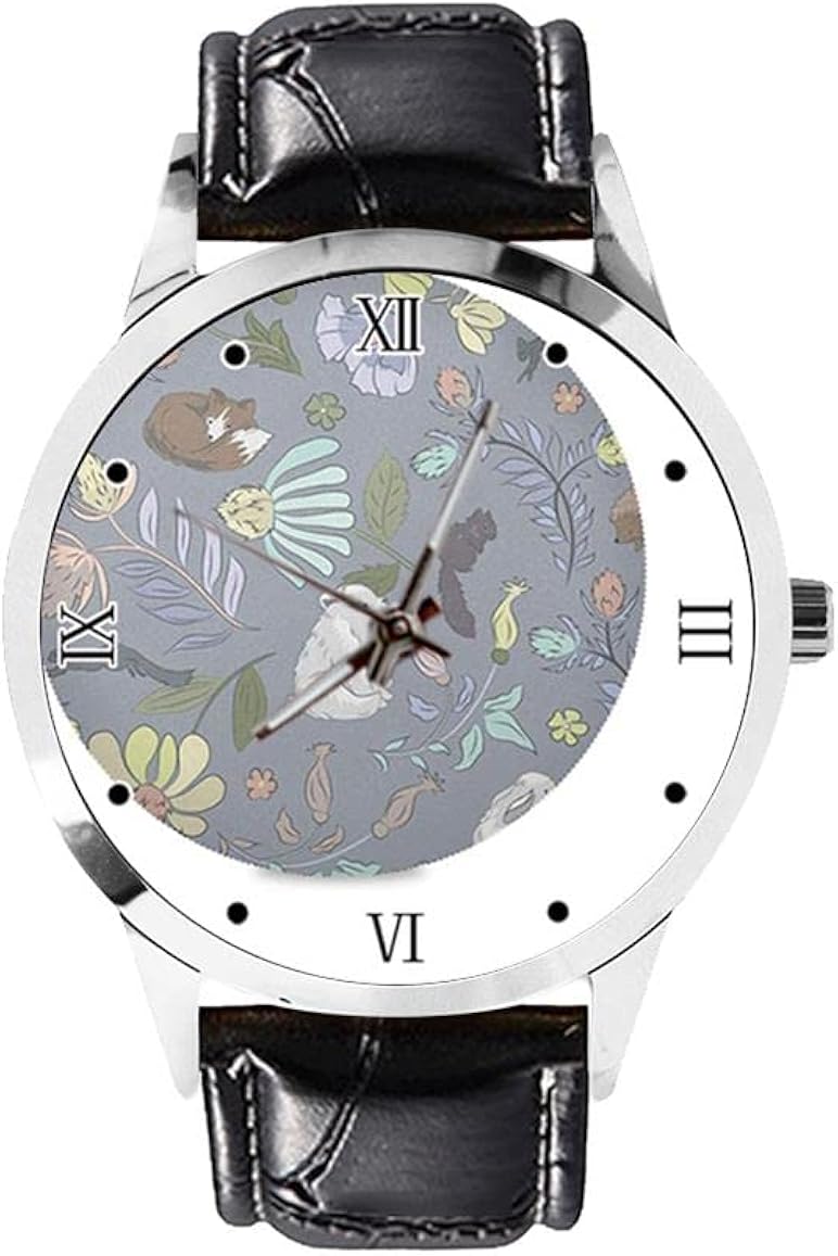 Lindo animal conejito oso bosque patrón simple hombres mujeres relojes casual japonés cuarzo relojes clásico negocio negro cuero reloj, negro