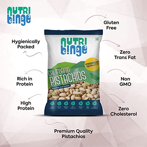 Image of NUTRI BINGE Pistachios (Pista 100 Grams) - Pack of 3, Premium California Roasted and Salted Pista Dry Fruits, Fresh Nutrient Rich Vegan Healthy Snacks