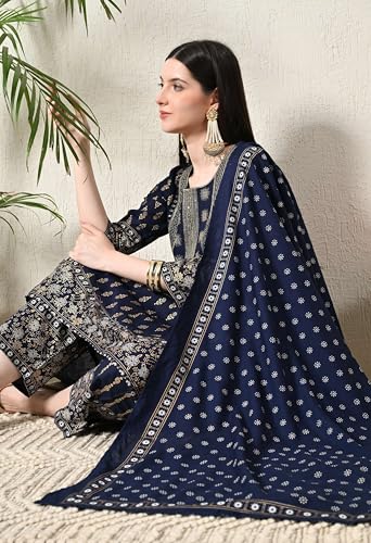 Image of Amazon Brand - Tavasya Women Rayon Straight Kurta Pant Dupatta Set | Embroidered Ethnic Suit Set | Regular Fit Kurta with Pant & Dupatta