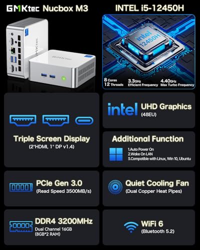 Image of GMKtec Mini PC Intel i5-12450H Processor (Turbo 4.4 GHz) 16GB(8 * 2) DDR4 1TB M.2 NVMe SSD i226v NIC USB 3.2, Type-C /WiFi 6, BT5.2, RJ45 2.5G / 4K Triple Display Desktop Computers PC