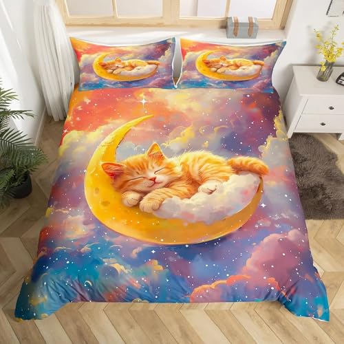 NDXRWDZR 布団セット 黄色い猫の月 布団カバー 3点セット防ダニ 抗菌防臭 通気吸湿 四季適用 ポリエステル布団カバー 170x210 cm + 2 枕カバー 43x63 cm
