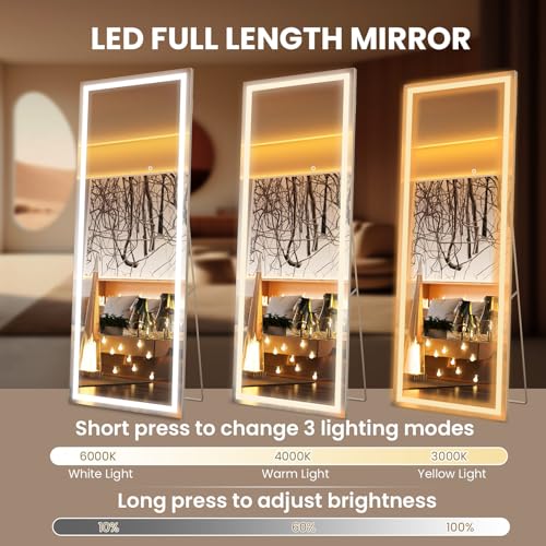 Image of Pertetey 75x28 Inch LED Full Length Mirror with Lights, White Frame Dimmable & 3 Color Modes Floor & Wall Mounted Long Mirror