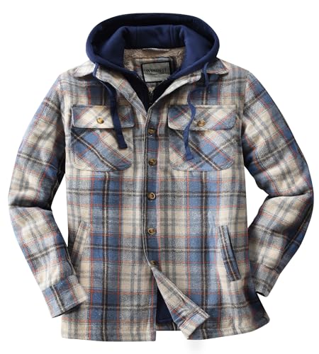 KOMANA Men's Zip Button Sherpa Plaid Flannel Shirt Jacket with Hood2