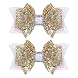 Glitter Hair Bow Clips 3.5 Inch Sweet Hairpins Girls Teens Kids Sparkly Hair Accessories for School Birthday Holiday Party Decor, White&Gold