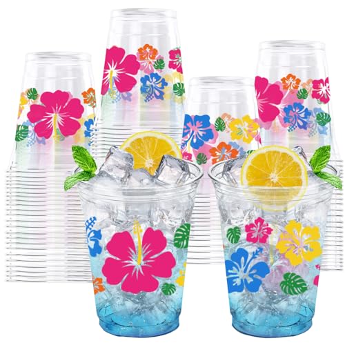 GULWAT 50 PCS Hawaii Hibiscus Flower Disposable Plastic Cups 12 OZ Print Clear Colorful Tropical Flower Drinking Beverage Supplies for Summer Beach Luau Aloha Birthday Baby Shower Party Supplies