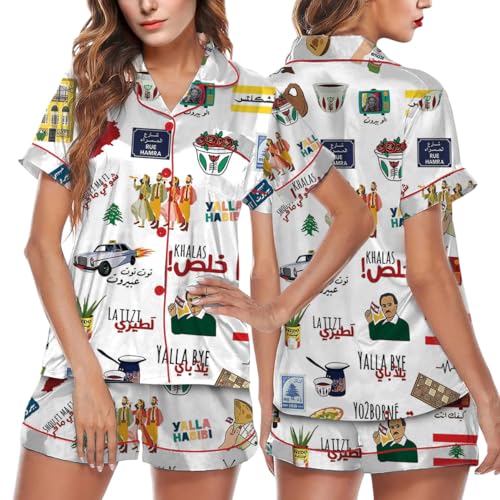 Funny Graphic Pajamas for Women Set Button Down Short Sleeve Top and Shorts Pjs Sets Sleepwear