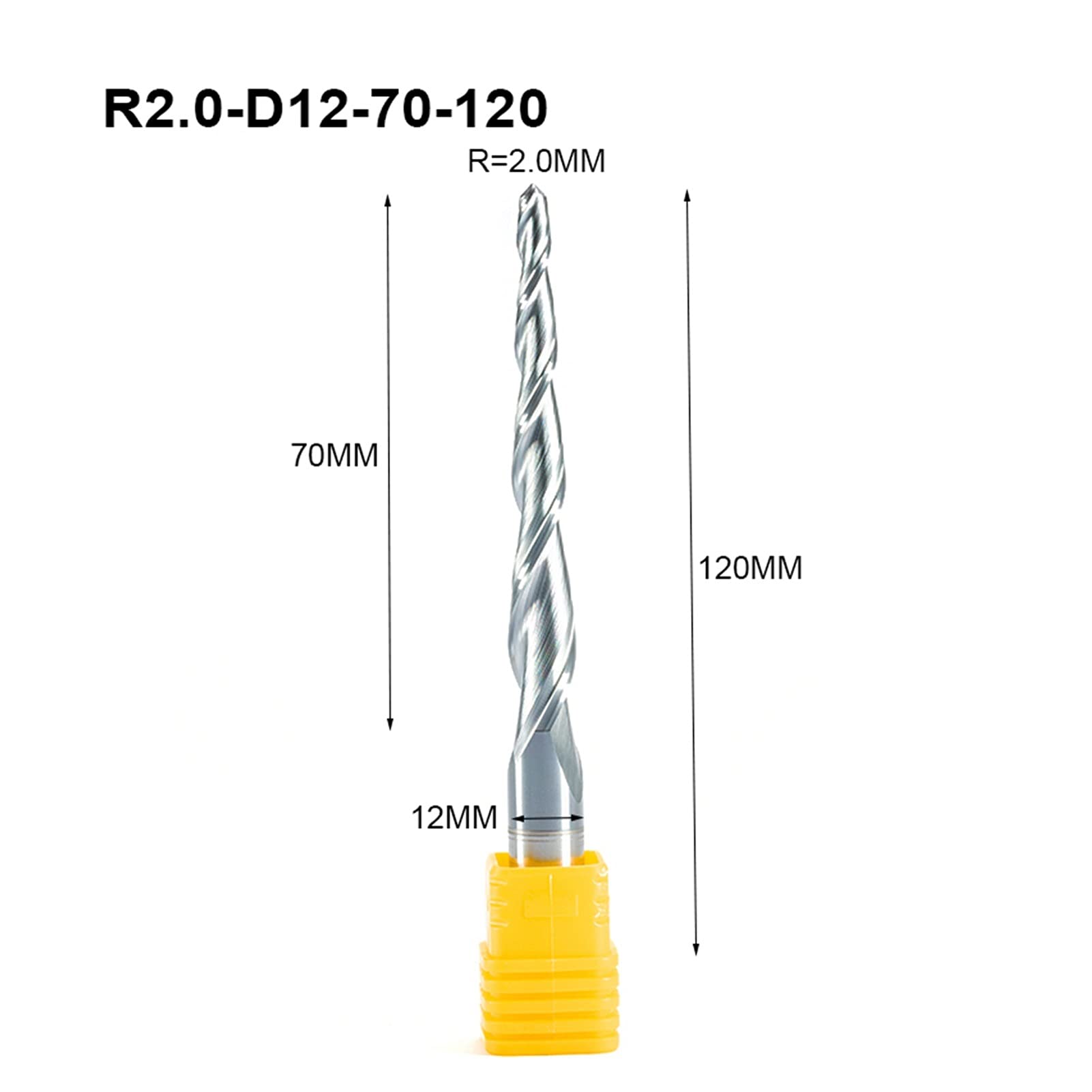 Cortador de fresado de carburo 2 HRC55 Molinos de extremo nasal de bola cónica con recubrimiento de carburo de tungsteno Cortador de fresado CNC cónico cónico CNC D12MMXR2.0x120