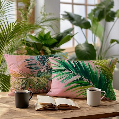 Image of Summer Pink and Green Tropical Palm Leaf Decorative Throw Pillow Cover Decor 20x12,Palm Leaf Botanical Decorative Lumber Beach Plant Throw Pillow Cover for Cabin Couch Double-Sided Set of 2