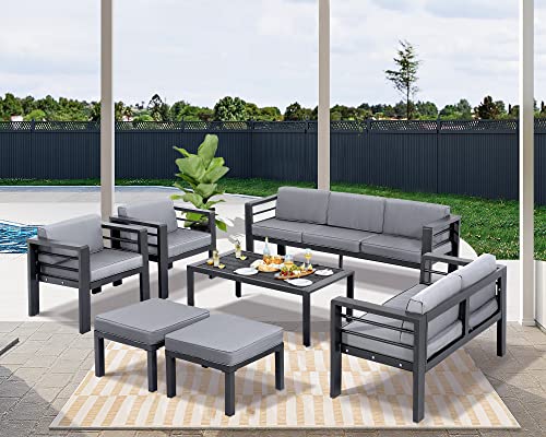 Titimo Oversized Aluminium Patio Furniture Set, 7 Pieces Modern Outdoor All-Weather Modern Sectional Sofa, Conversation Set With Grey Comfort Cushions,Ottomans And Table (With Gray Cushion) #TOP6