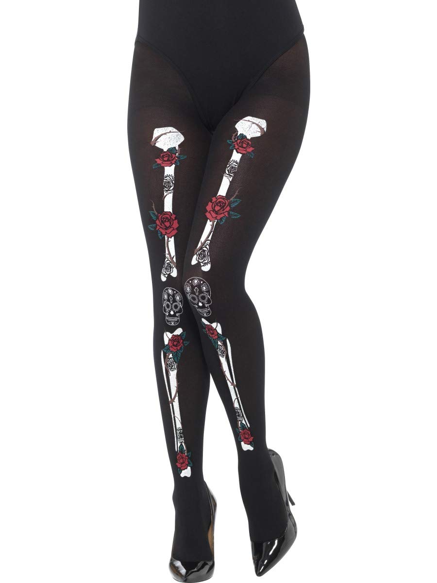 Smiffys - 43101 - Opaque Day of the Dead Tights - Black - One Size - US Dress Size 4 / 12