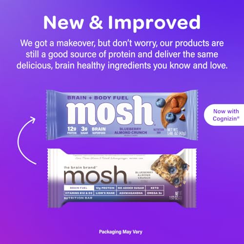 MOSH Blueberry Almond Crunch Keto Protein Bars, High Fiber, Low Carb, Gluten Free, High Protein, Brain Healthy Snack, 12 Count