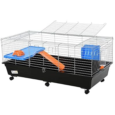 PawHut Small Animal Cage Rabbit Guinea Pigs Chinchillas Cage w/Wheels Water Bottle Food Dish Platform Ramp 119 x 59 x 50 cm