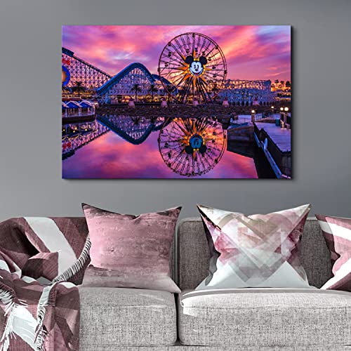 Image of Nature Disney Wall Art Canvas Prints for Living Room, Sunset Disneyland Scenery Picture Decor Purple Mickey Ferris Wheel Landscape Painting Poster Panoramic Artwork Bedroom Kitchen Decoration 24x36 inch