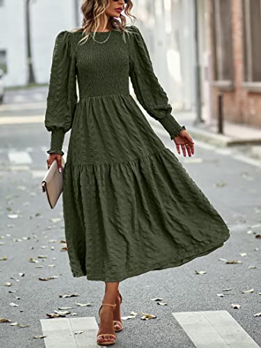 Image of PRETTYGARDEN Women 2026 Spring Puff Long Sleeve Crewneck Smocked Maxi Dress Empire Waist Tiered A-line Swing Flowy Long Dress
