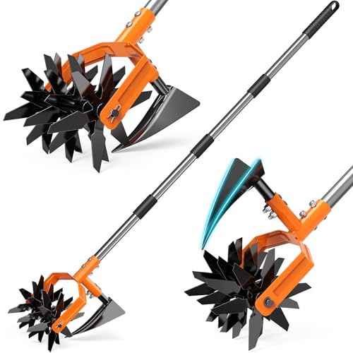 GINMIC Hand Tiller Garden Cultivator Garden Tiller with Upgrated Triangle Hoe and Adjustable Long Handle 2-in-1 Weeder & Soil Aerator for Lawn Care Cultivate Plant Reseed Gardening Hand Tools