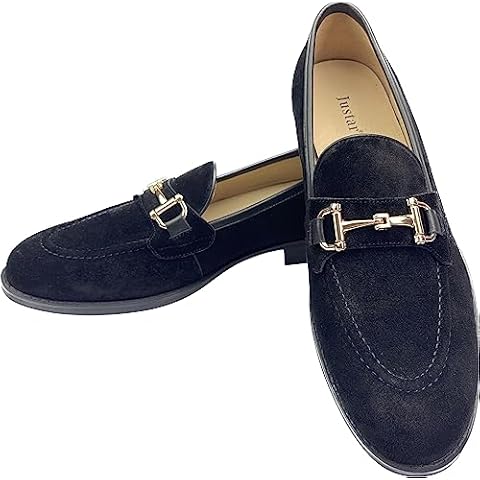 Justar Men's Leather Loafers Penny Dress Shoes Slip-On Vintage Loafer for Men Casual Loafers Suede Smoking Slippers Buckle Flats (Black, 10) Cover