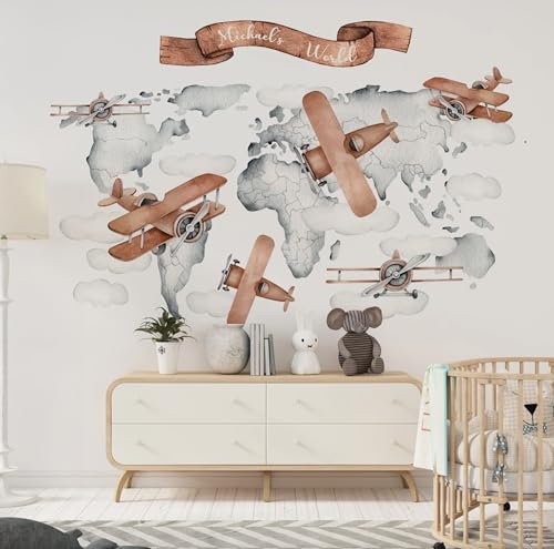 Vinilos Decorativos Mapa Mundial con Aviones para Niños