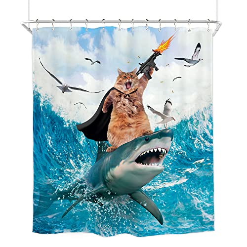 Image of Funny Surfing Cat Shower Curtain Riding Shark 60Wx72H Inch Decor | Hilarious Nautical Ocean Waves Seagull Teal Cute Animals Child Kids Boys Waterproof Polyester Fabric Bathroom 12 Hooks