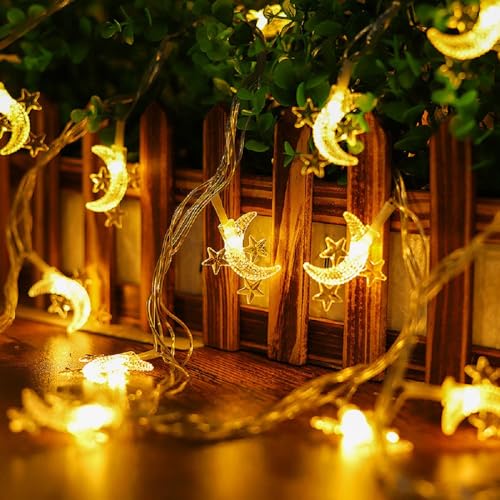 WFGGEH Moon Star String Lights, 10ft 20 LED USB Powered Star and Moon Fairy Lights Warm White for...