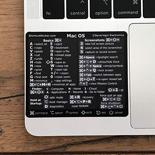 SYNERLOGIC Mac OS Big Sur/Catalina/Mojave/etc. Reference Keyboard Shortcut Sticker v2.0 Premium Black Matte Vinyl, Temporary Adhesive, 3.25\"x2.75\"- For Intel Macbook Air/Pro 13\",15\",16\", iMac/Mac Mini