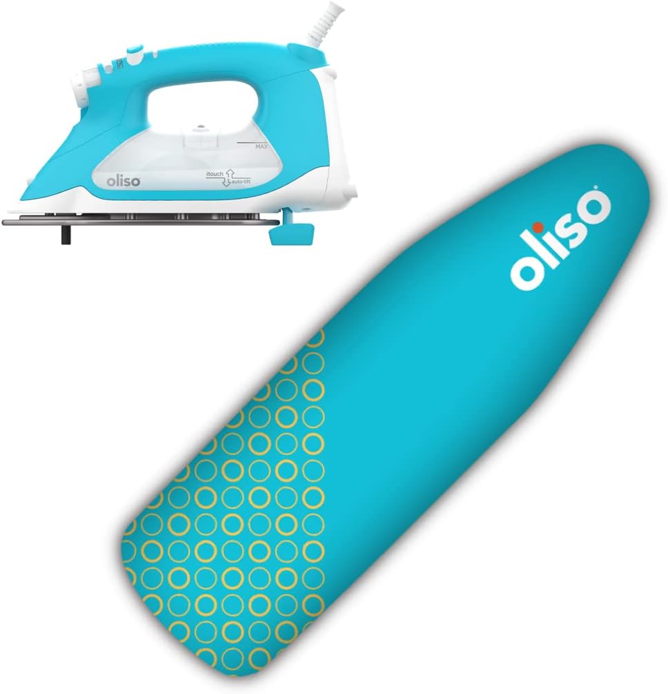 Oliso TG1600 Pro Plus 1800 Watt SmartIron with Auto Lift & OLISO Ironing Board Cover, durable 100% cotton lined with professional grade felt pad, Turquoise