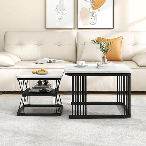 Image of Square Side Table Set of Stackable Tea or Coffee Tables with Marble Tops for Apartments, Bedrooms, and Living Rooms Black White