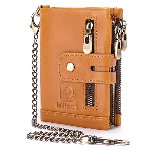 Image of Mens Wallet with Chain Genuine Leather Purse RFID Blocking Biker Bifold Wallet with Anti-Theft Chain