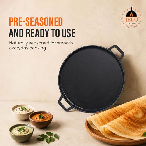 Image of Cast Iron Dosa Tawa with Dual Grip Handles | Pre-Seasoned Non-Stick Iron Tawa for Dosa /Chilla /Roti | Heavy Duty Non-Toxic Cookware | Gas Stove & Induction Compatible | Black, 30cm, 2.8kg