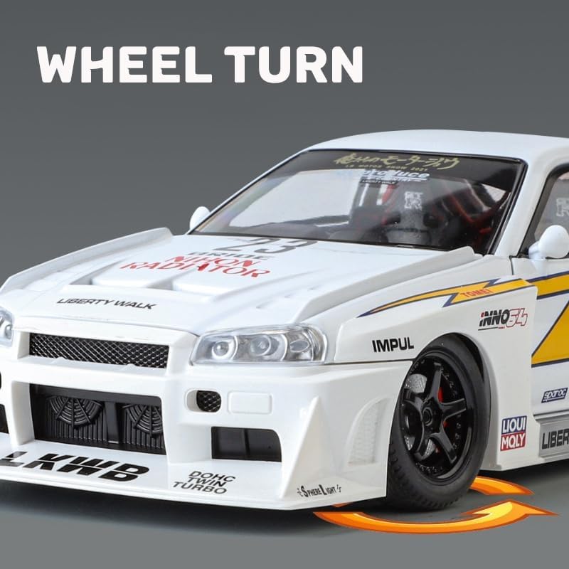Image of 1:24 Nissan Skyline GT-R R34 Diecast Model Car, Pull Back Toy Car for Kids, Metal Collectible with Sound & Light, Gifts for Boys and Girls (White)
