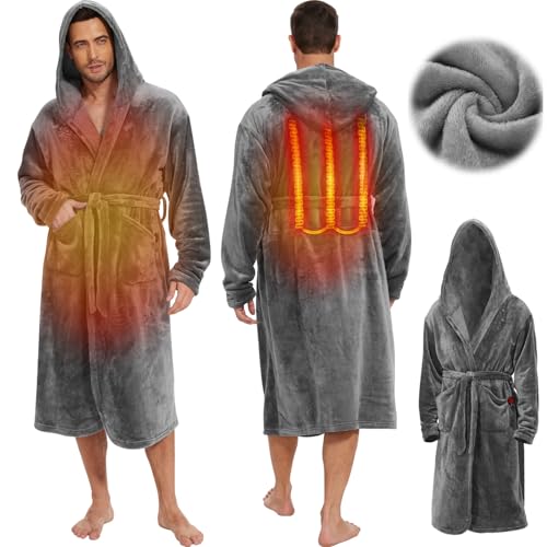 Heated Mens Robe Plush with Hood - Men's Warm Bathrobes with 3 Heating Modes Long Fleece Bathrobe for Winter