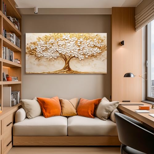 crmotu Tree of Life Wall Art, White Gold Tree Extra Large Canvas Paintings, Nature Landscape Abstract Art Prints, Modern Aesthetic Pictures Wall Decor Living Room Office Ready to Hang 30x60 Inch